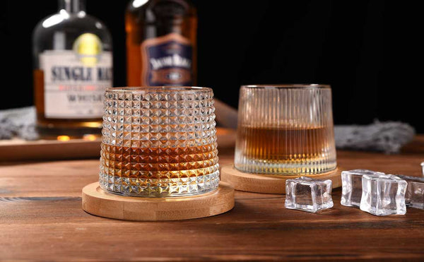 JEKMOS 2Set Whiskey Glasses Rotatable Tumbler Crystal Glass Cups, Viski Glasses Clear Glassware with 2Pcs Bamboo Coasters - Scotch, Bourbon, Liquor, Brandy, and Cocktail Drinks at Home Bar 2 X 6.2OZ .