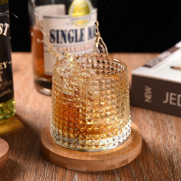 JEKMOS 2Set Whiskey Glasses Rotatable Tumbler Crystal Glass Cups, Viski Glasses Clear Glassware with 2Pcs Bamboo Coasters - Scotch, Bourbon, Liquor, Brandy, and Cocktail Drinks at Home Bar 2 X 6.2OZ .