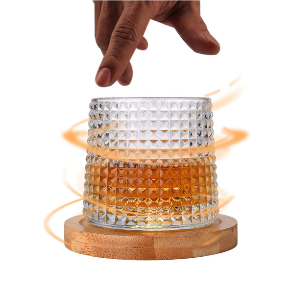 JEKMOS 2Set Whiskey Glasses Rotatable Tumbler Crystal Glass Cups, Viski Glasses Clear Glassware with 2Pcs Bamboo Coasters - Scotch, Bourbon, Liquor, Brandy, and Cocktail Drinks at Home Bar 2 X 6.2OZ .