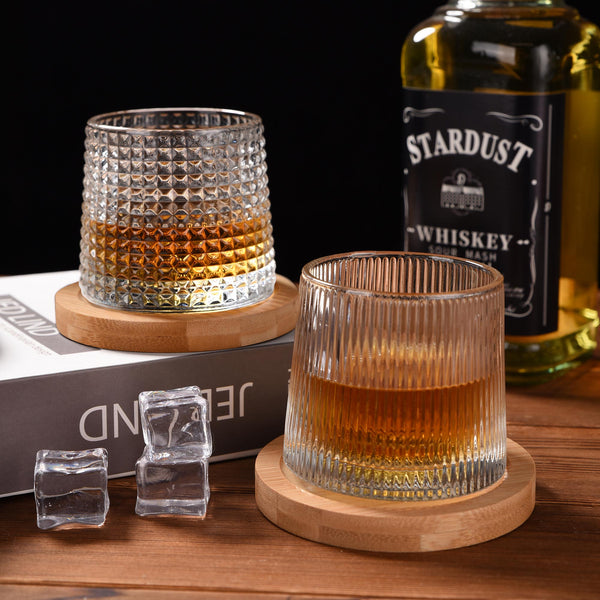 JEKMOS 2Set Whiskey Glasses Rotatable Tumbler Crystal Glass Cups, Viski Glasses Clear Glassware with 2Pcs Bamboo Coasters - Scotch, Bourbon, Liquor, Brandy, and Cocktail Drinks at Home Bar 2 X 6.2OZ .