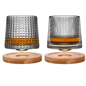 JEKMOS 2Set Whiskey Glasses Rotatable Tumbler Crystal Glass Cups, Viski Glasses Clear Glassware with 2Pcs Bamboo Coasters - Scotch, Bourbon, Liquor, Brandy, and Cocktail Drinks at Home Bar 2 X 6.2OZ .