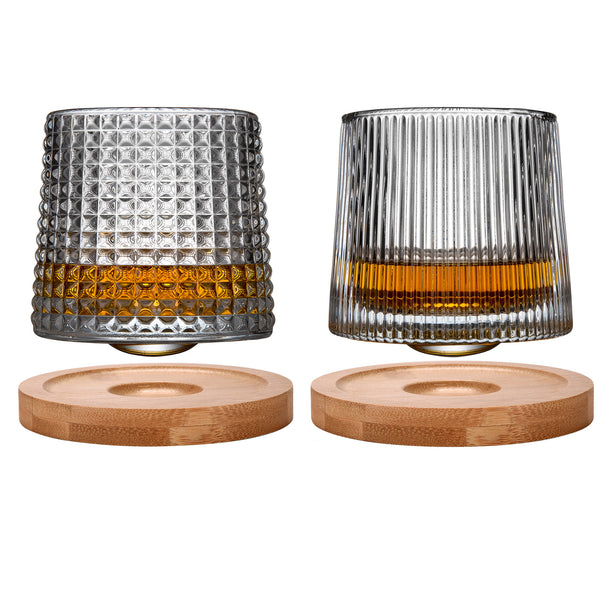 JEKMOS 2Set Whiskey Glasses Rotatable Tumbler Crystal Glass Cups, Viski Glasses Clear Glassware with 2Pcs Bamboo Coasters - Scotch, Bourbon, Liquor, Brandy, and Cocktail Drinks at Home Bar 2 X 6.2OZ .