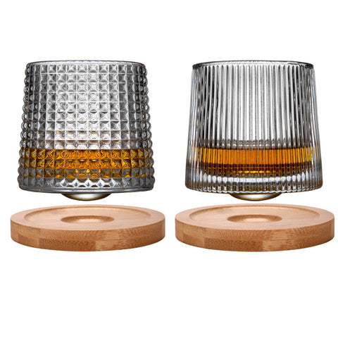 JEKMOS 2Set Whiskey Glasses Rotatable Tumbler Crystal Glass Cups, Viski Glasses Clear Glassware with 2Pcs Bamboo Coasters - Scotch, Bourbon, Liquor, Brandy, and Cocktail Drinks at Home Bar 2 X 6.2OZ .